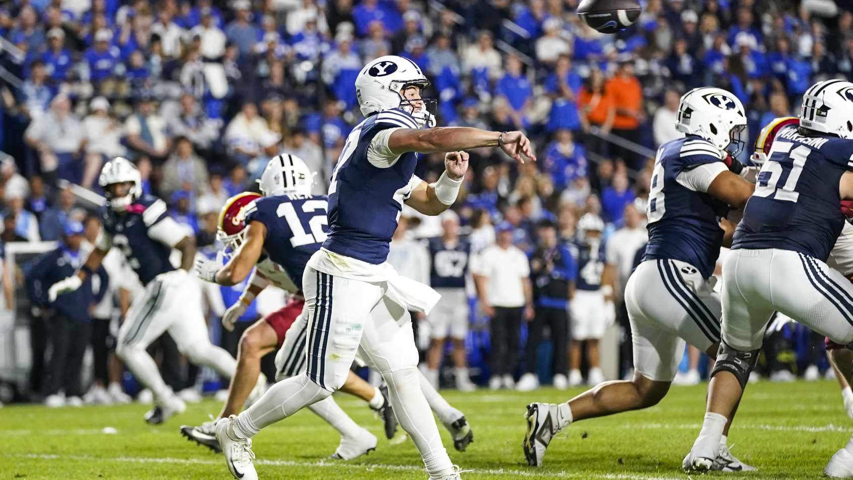 BYU quarterback Bear Bachmeier throws against Iowa State at LaVell Edwards Stadium