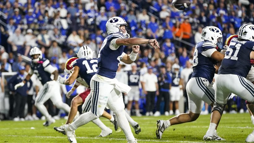 BYU quarterback Bear Bachmeier throws against Iowa State at LaVell Edwards Stadium