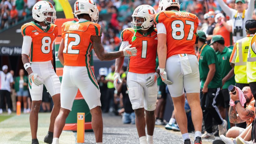 Miami receiver Malachi Toney celebrates a touchdown against Pitt after his Week 8 Heisman odds surge