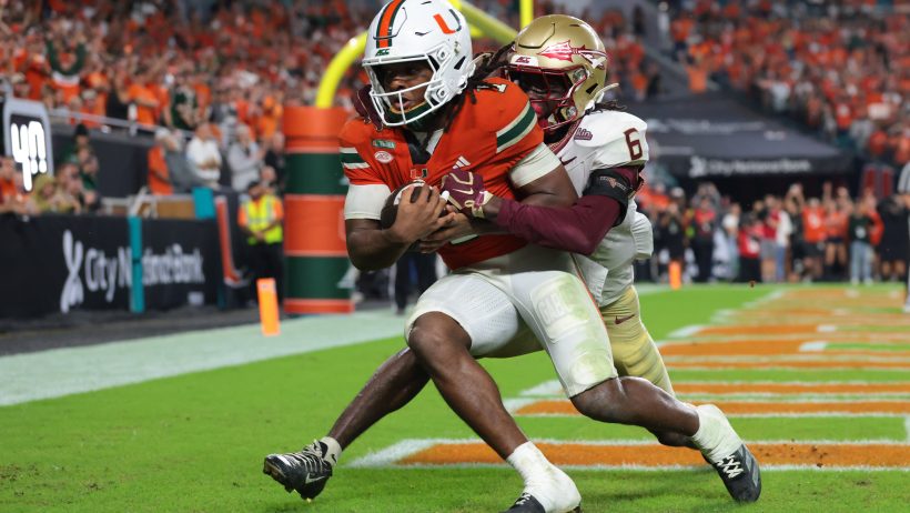 Miami receiver Malachi Toney catches a touchdown against Florida State