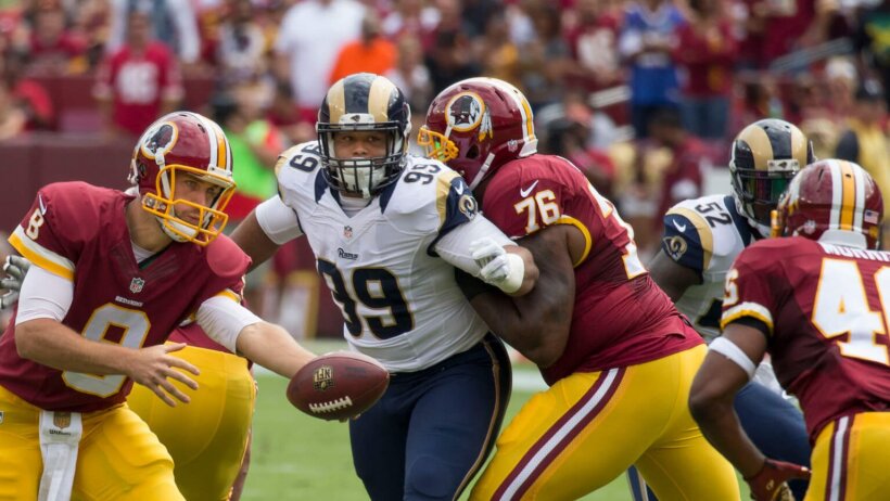 Aaron Donald of the Los Angeles Rams penetrating the backfield