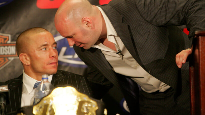 2009 Jan. 31 Georges St-Pierretalks to UFC president Dana White in the press conference after defeating BJ Penn in UFC 94: St-Pierre vs. Penn 2 at MGM Grand Garden Arena in Las Vegas, NV St-Pierre won by KO over Penn.