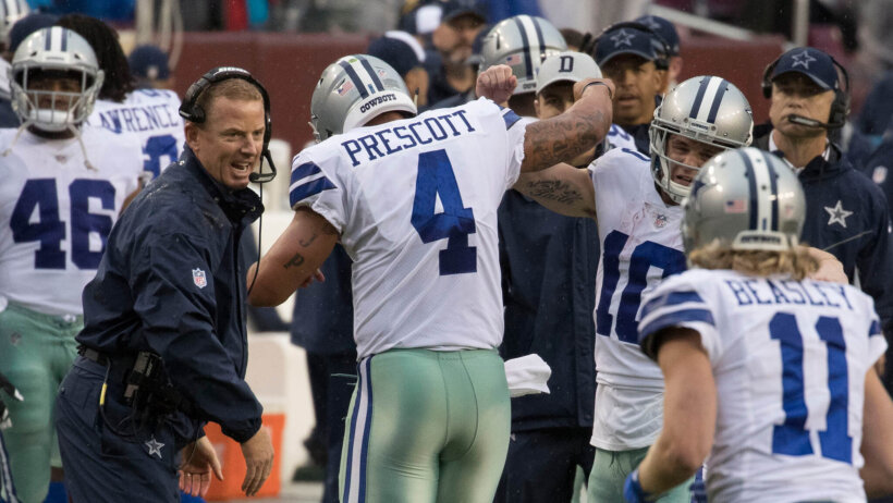 Jason Garrett Dak Prescott celebrating Dallas Cowboys