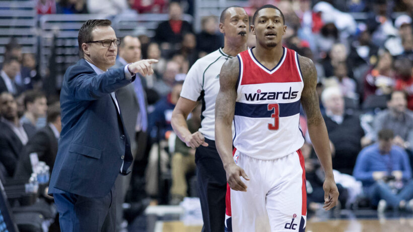 Washington Wizards head coach Scott Brooks calls the shots from the sideline.