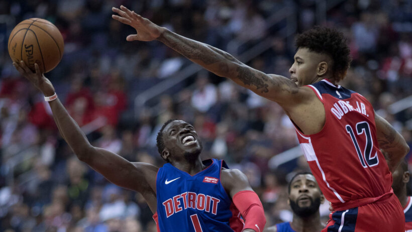 Pistons guard Reggie Jackson takes a shot.