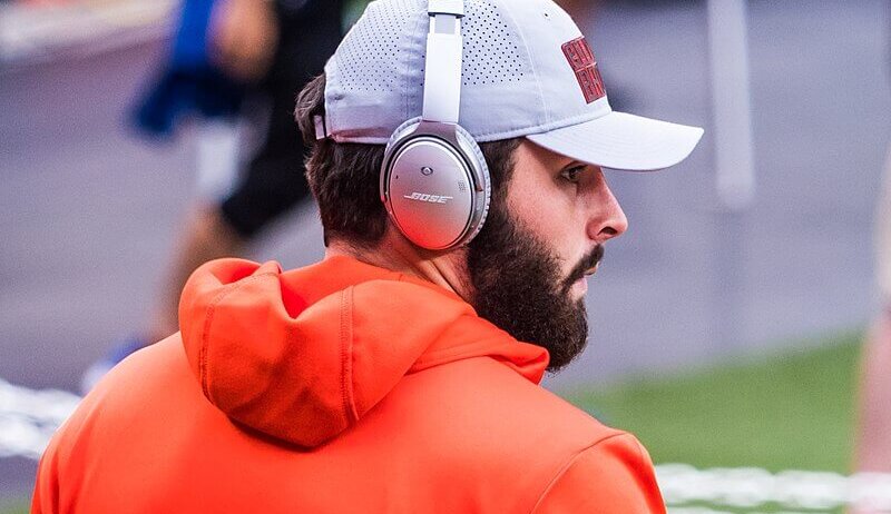 Baker Mayfield with his headphones on pre-game