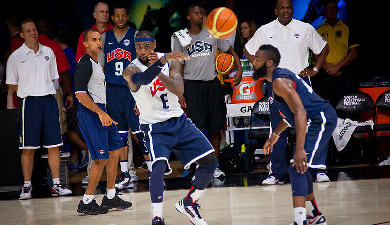 James Harden and LeBron James square off in practice with Team USA.