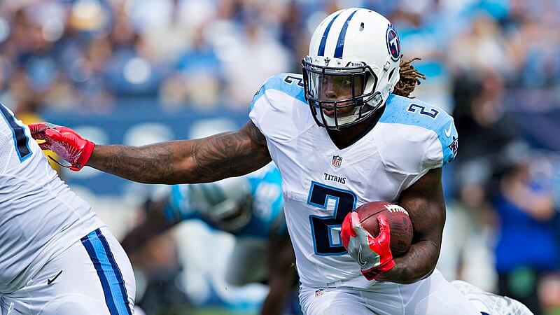 Derrick Henry, running back for the Tennessee Titans looks for a hole.