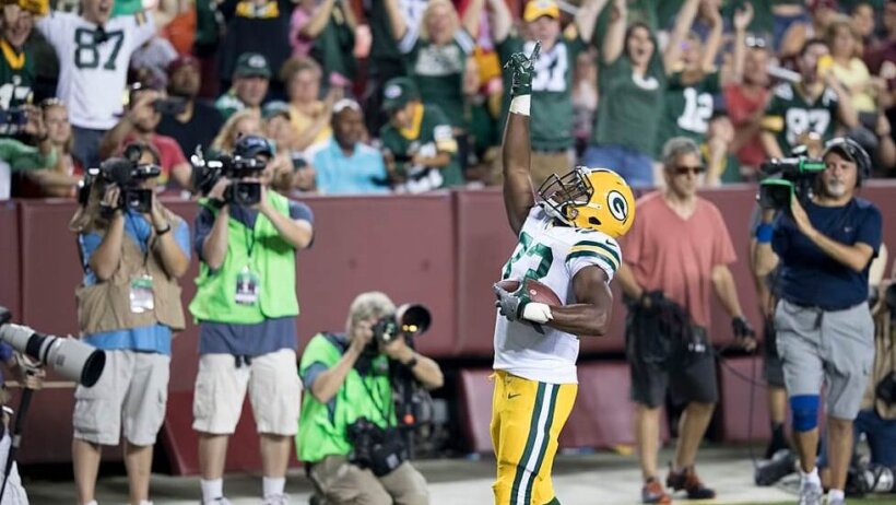 Aaron Jones of the Green Bay Packers celebrating a touchdown