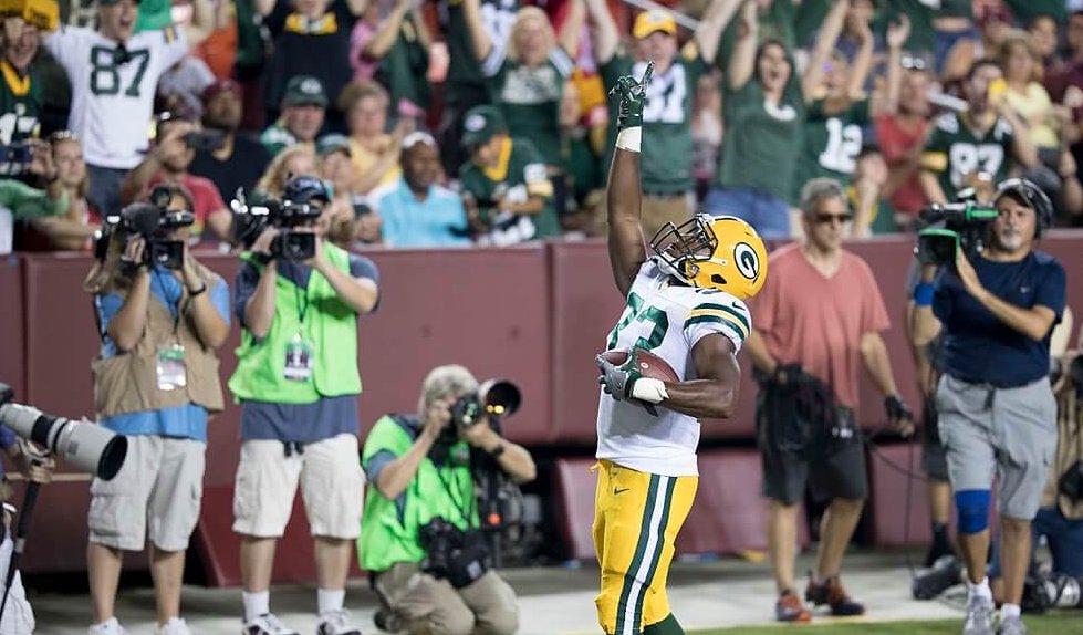 Aaron Jones of the Green Bay Packers celebrating a touchdown
