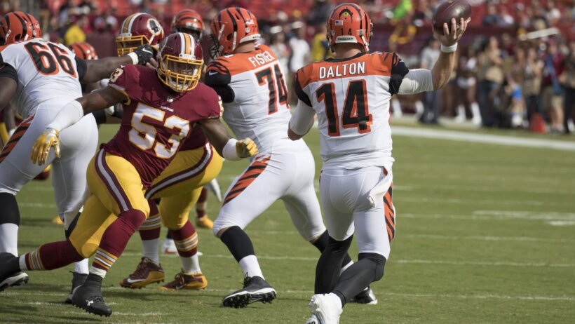 Begnals QB Andy Dalton firing a pass vs Washington.