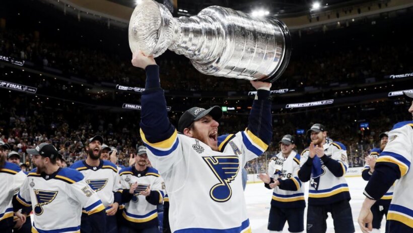 Alex Steen of the St. Louis Blues hoists the Stanley Cup.
