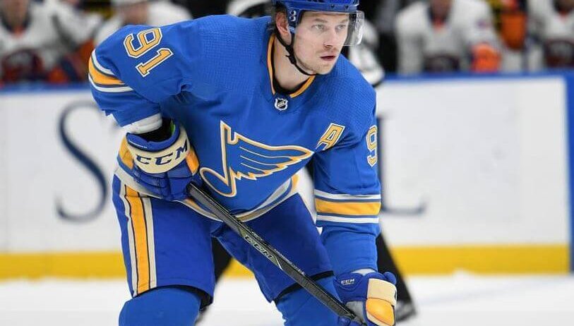 Blues forward Vladimir Tarasenko lines up for a face-off.