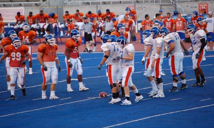 Boise State Broncos football team practicing at Albertsons Stadium.