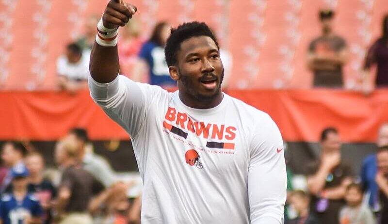 Browns DE Myles Garrett pointing during warmup.