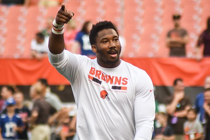 Browns DE Myles Garrett pointing during warmup.