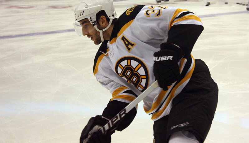 Patrice Bergeron of the Boston Bruins during warmup.