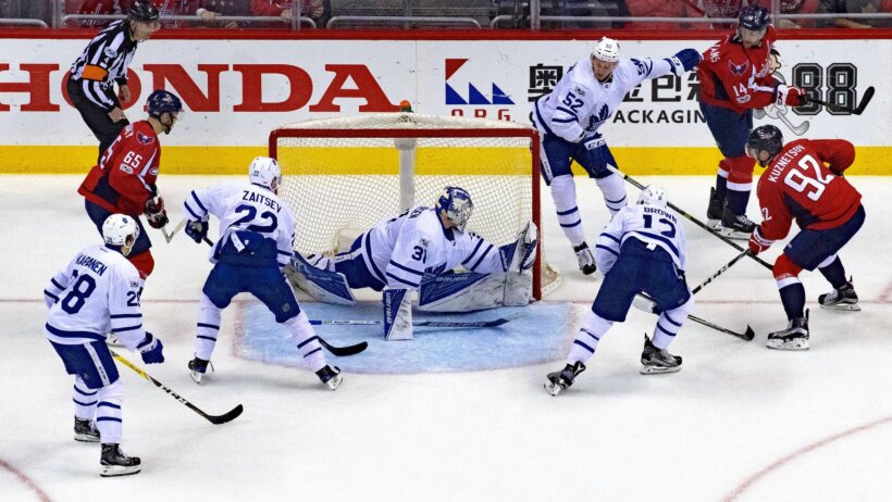 Frederik Andersen stops the puck.