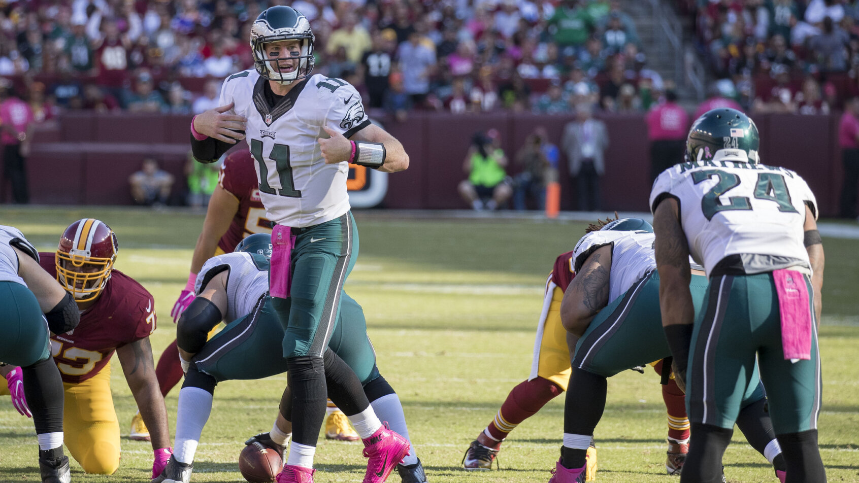 Philadelphia Eagles QB Carson Wentz calling an audible at the line.