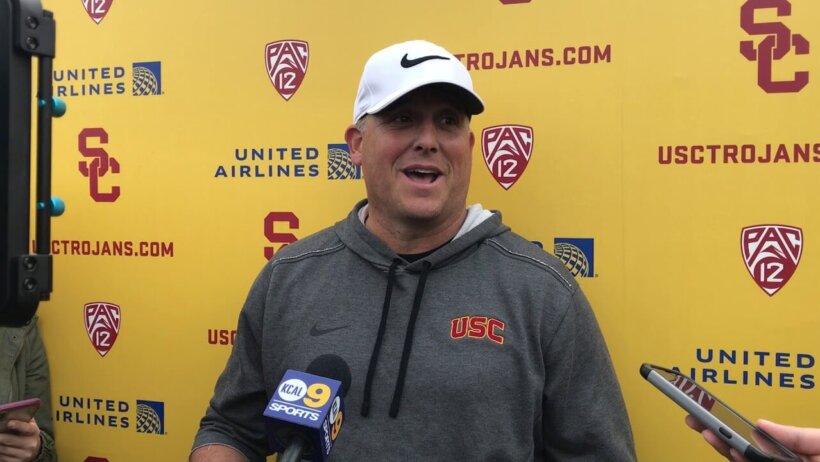 Clay Helton meets with the media at spring practice
