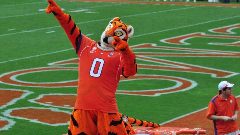 Clemson Tigers football mascot pointing.
