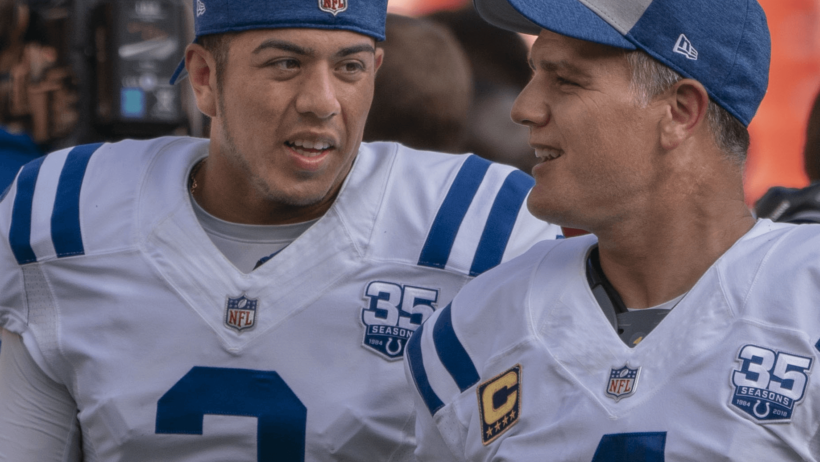 Colts kicker Adam Vinatieri talking to Rigoberto Sanchez on the sideline