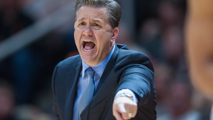 Kentucky basketball coach John Calipari screaming on the sideline.