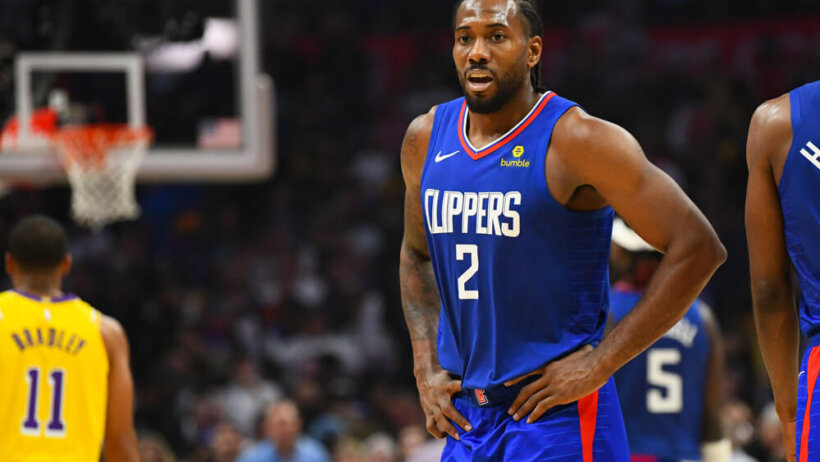 Los Angeles Clippers Forward Kawhi Leonard (2) looks on during a NBA game between the Los Angeles Lakers and the Los Angeles Clippers on October 22, 2019 at STAPLES Center in Los Angeles