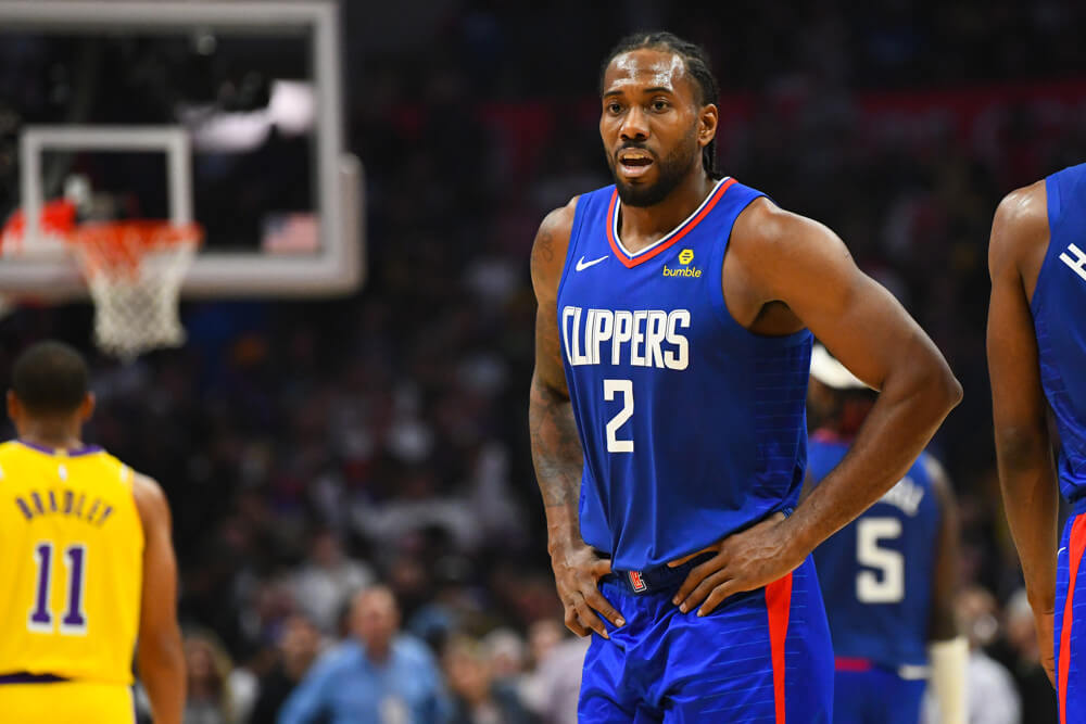 Los Angeles Clippers Forward Kawhi Leonard (2) looks on during a NBA game between the Los Angeles Lakers and the Los Angeles Clippers on October 22, 2019 at STAPLES Center in Los Angeles