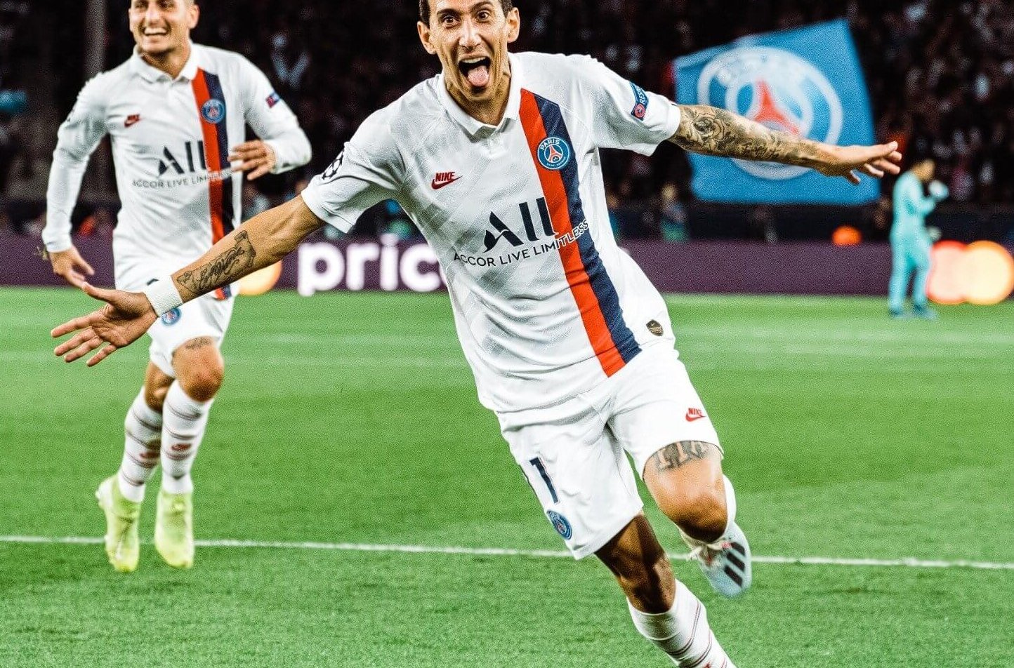 Angel Di Maria celebrates wildly after hitting the target for PSG against Real Madrid