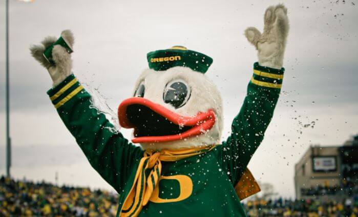 The Oregon Ducks' mascot pumping up the crowd.