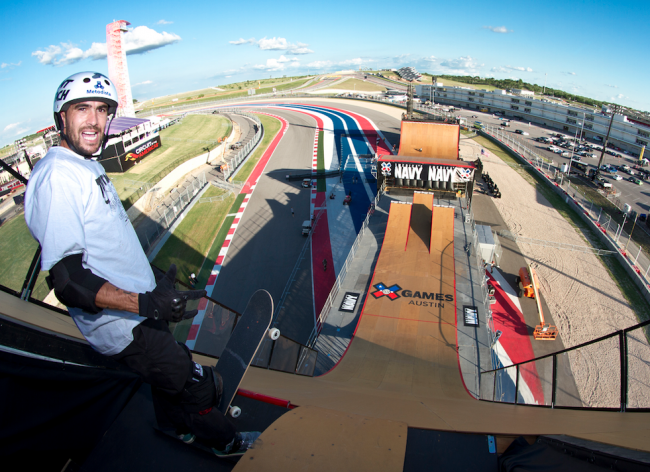 Edgard "Vovo" Pereira at the top of the megaramp at X-Games Austin 2015