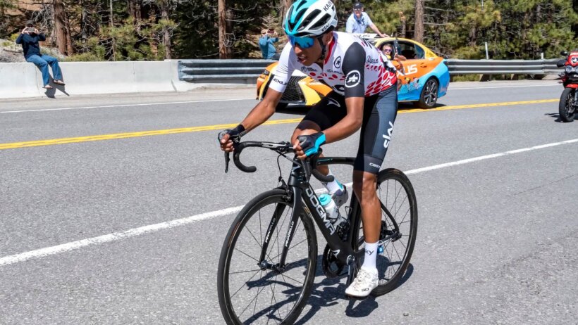 Egan Bernal guns it up a climb.