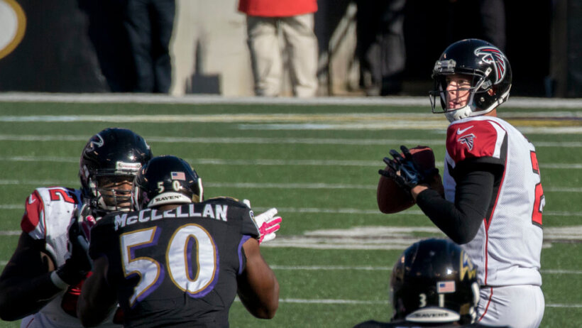 Falcons QB Matt Ryan getting ready to throw a pass.