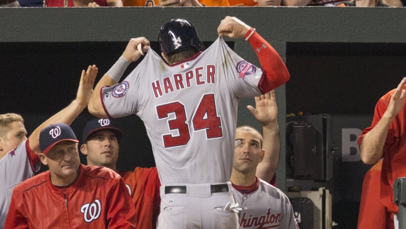 Bryce Harper returning to the Nationals dugout.
