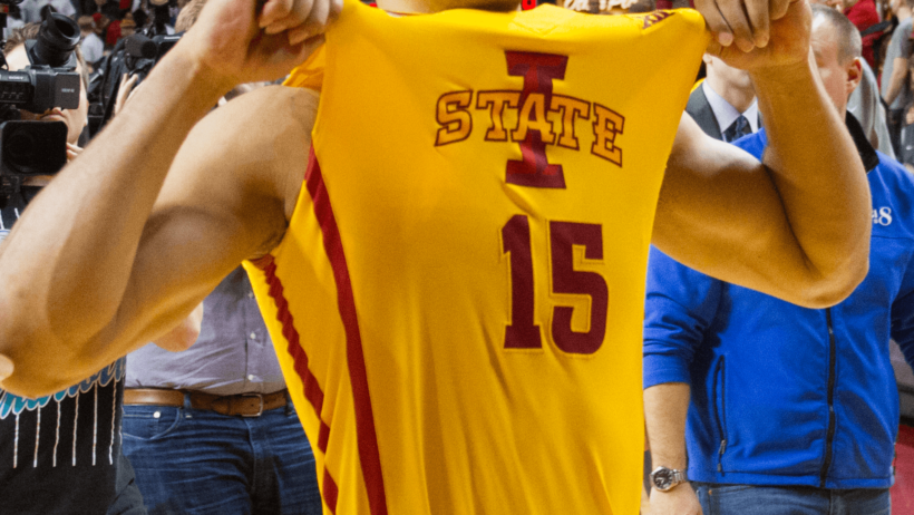 Close-up shot of an Iowa State basketball jersey.