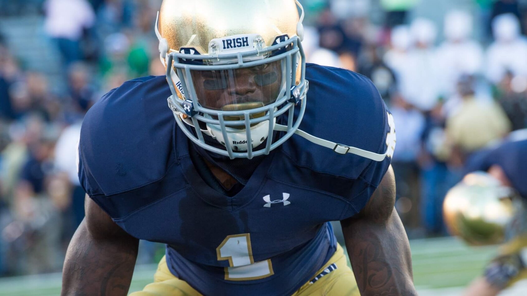Closeup of a Notre Dame player warming up