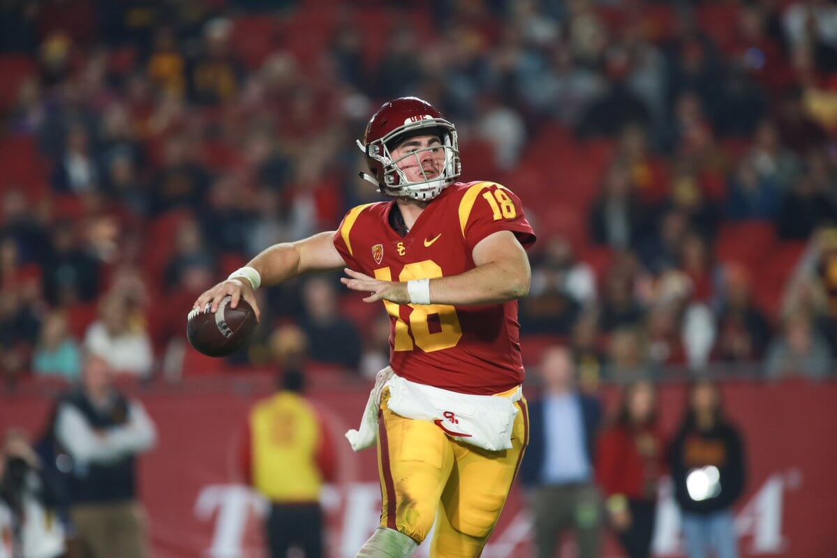 USC quarterback JT Daniels prepares to snap a pass
