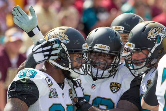 Jaguars players celebrating a TD