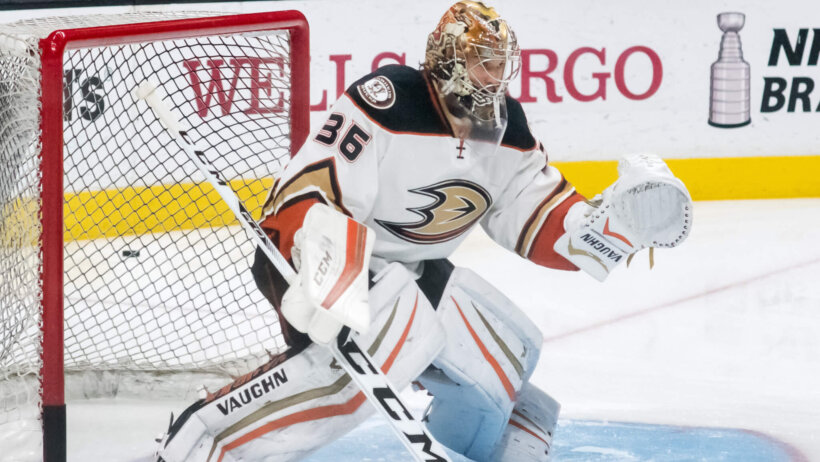 John Gibson warming up with the Ducks