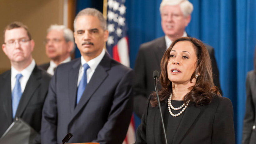 Kamala Harris at the podium.