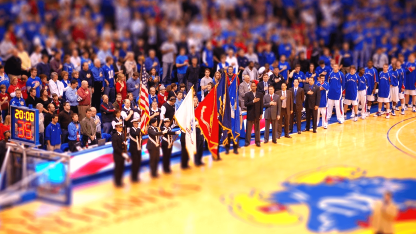 Wide shot of the Allen Fieldhouse court pre-game.