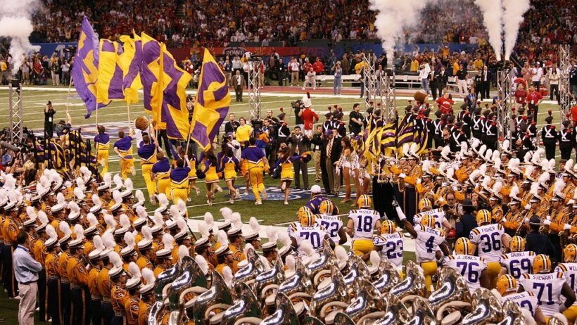 LSU band and cheer squad on the field.