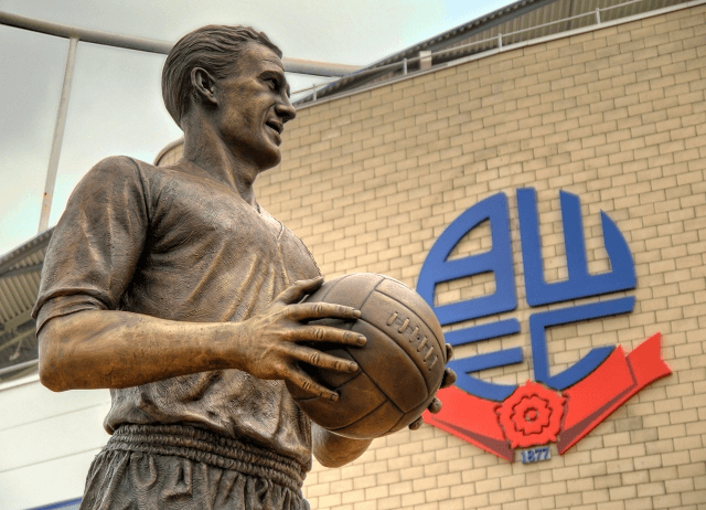 A statue of heroic striker Nat Lofthouse outside the Bolton Wanderers stadium.