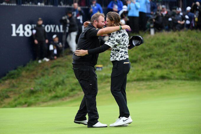 Shane Lowry hugging Tommy Fleetwood after winning The Open