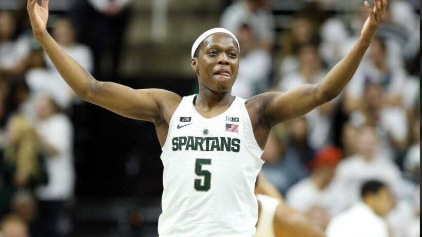Michigan State point guard Cassius Winston celebrating.