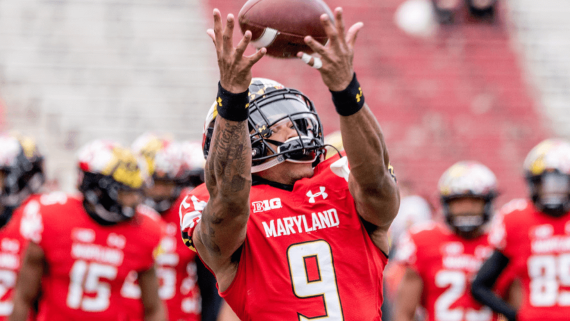 A receiver making a catch at a Maryland football practice.