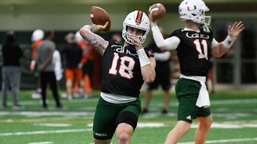 Miami Hurricanes QB Tate Martell throwing during practice.