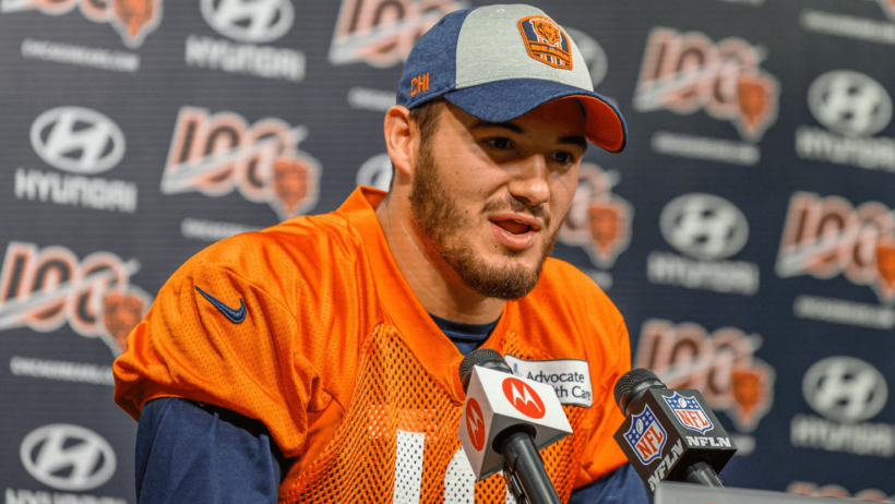 Mitchell Trubisky answers questions at a press conference.