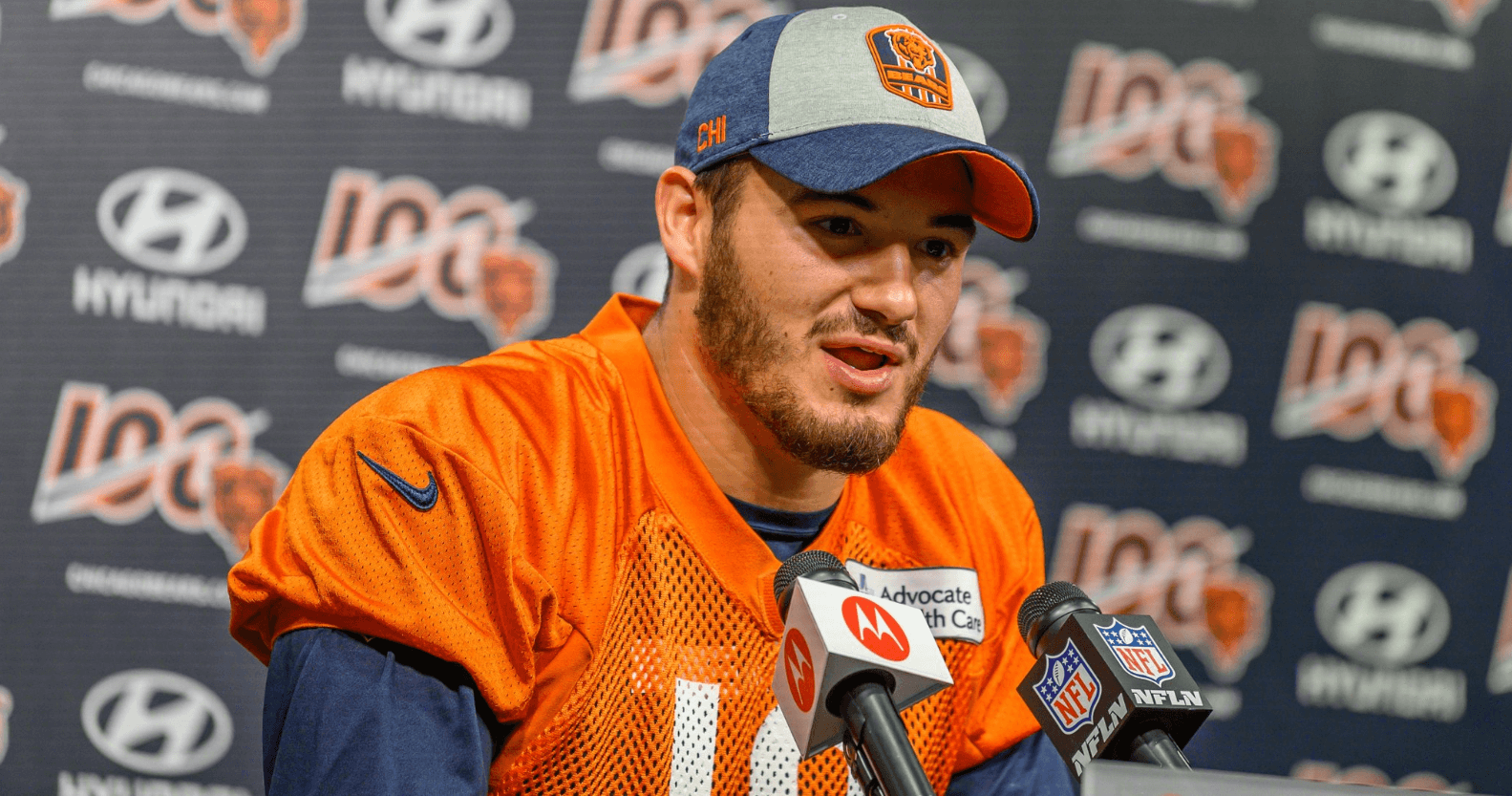 Mitchell Trubisky answers questions at a press conference.